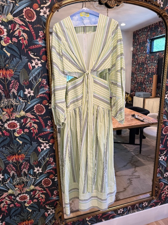 Significant Other Dresses & Skirts - Significant other white and green stripe maxi dress with cutouts and tie detail